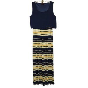 Xtaren Womens Maxi Dress‎ Size L Navy Gold Stripe Accordion Pleat Sleeveless